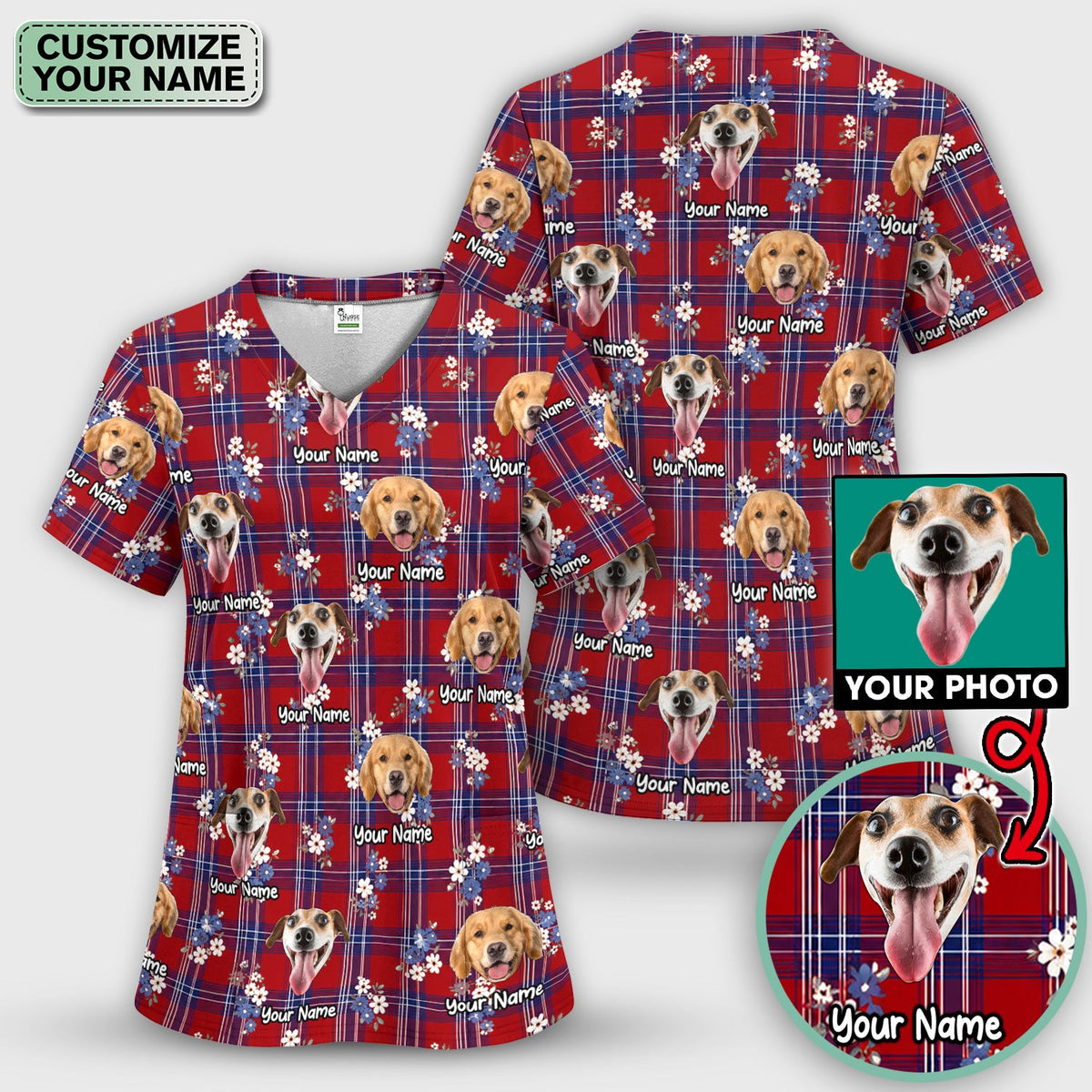 Custom Face Dog With Floral Plaid Pattern Scrub Top, Comfortable Scrubs for Nurses