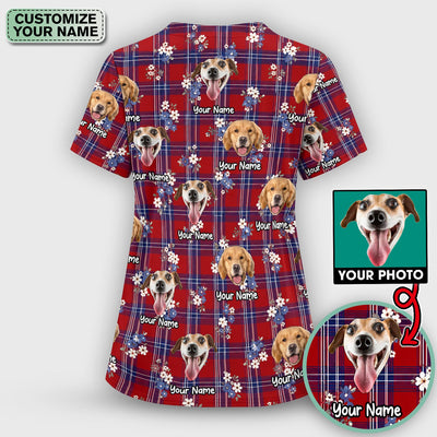 Custom Face Dog With Floral Plaid Pattern Scrub Top, Comfortable Scrubs for Nurses