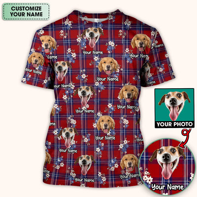 Custom Face Dog With Floral Plaid Pattern Scrub Top, Comfortable Scrubs for Nurses