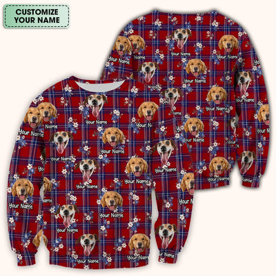 Custom Face Dog With Floral Plaid Pattern Scrub Top, Comfortable Scrubs for Nurses