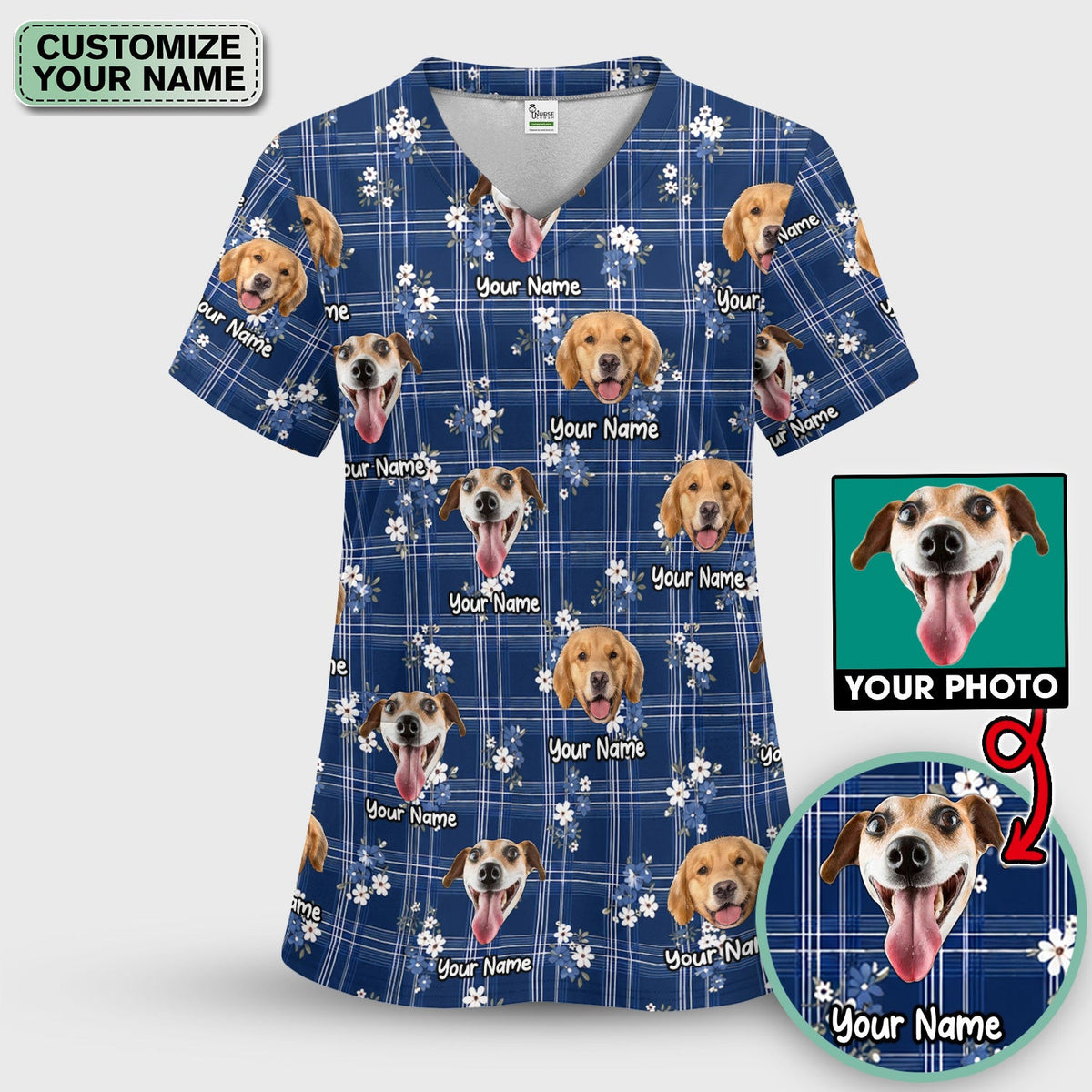 Custom Face Dog With Floral Plaid Pattern Scrub Top, Comfortable Scrubs for Nurses