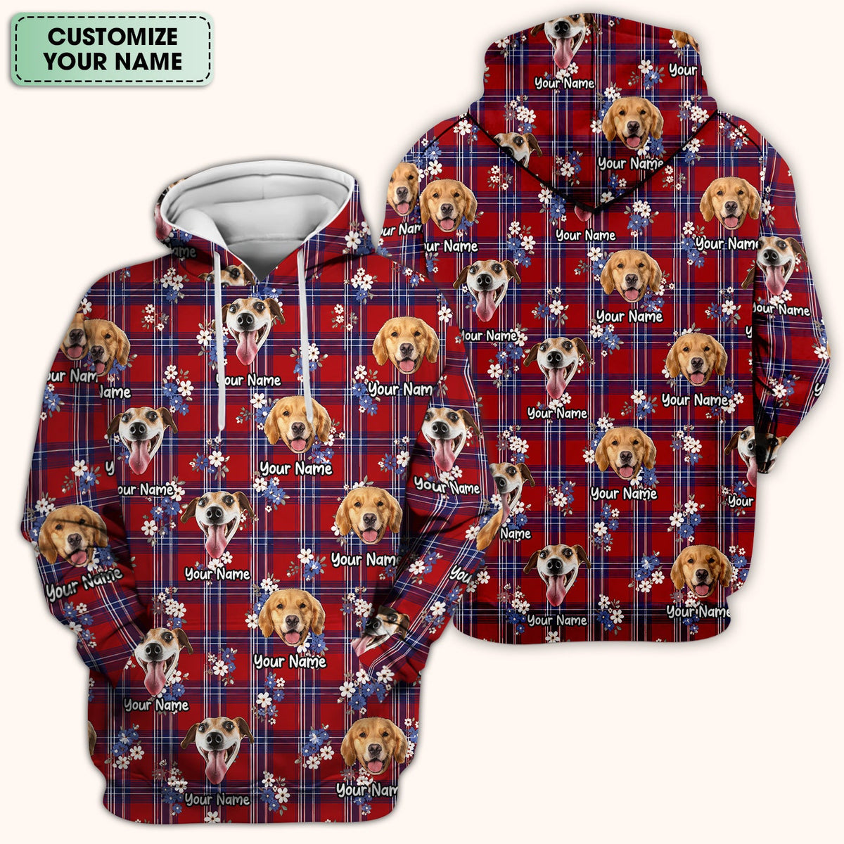 Custom Face Dog With Floral Plaid Pattern Scrub Top, Comfortable Scrubs for Nurses