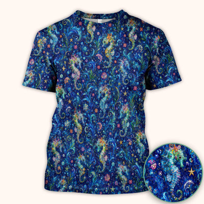 Vibrant Seahorse Ocean Swirl Pattern Scrub Top, Comfortable Scrubs for Nurses