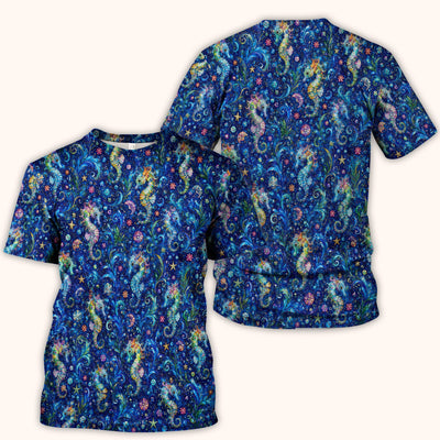 Vibrant Seahorse Ocean Swirl Pattern Scrub Top, Comfortable Scrubs for Nurses