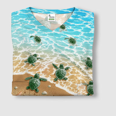 Coastal Sea Turtle Beach Pattern Scrub Top, Comfortable Scrubs for Nurses