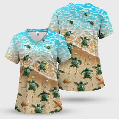 Coastal Sea Turtle Beach Pattern Scrub Top, Comfortable Scrubs for Nurses