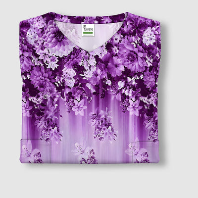 Purple Blossom Garden Pattern Scrub Top, Comfortable Scrubs for Nurses