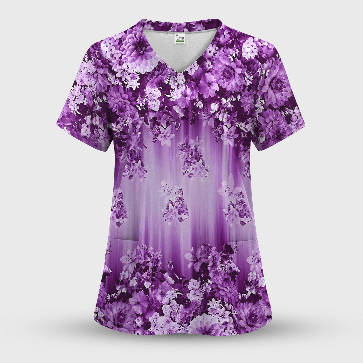 Purple Blossom Garden Pattern Scrub Top, Comfortable Scrubs for Nurses