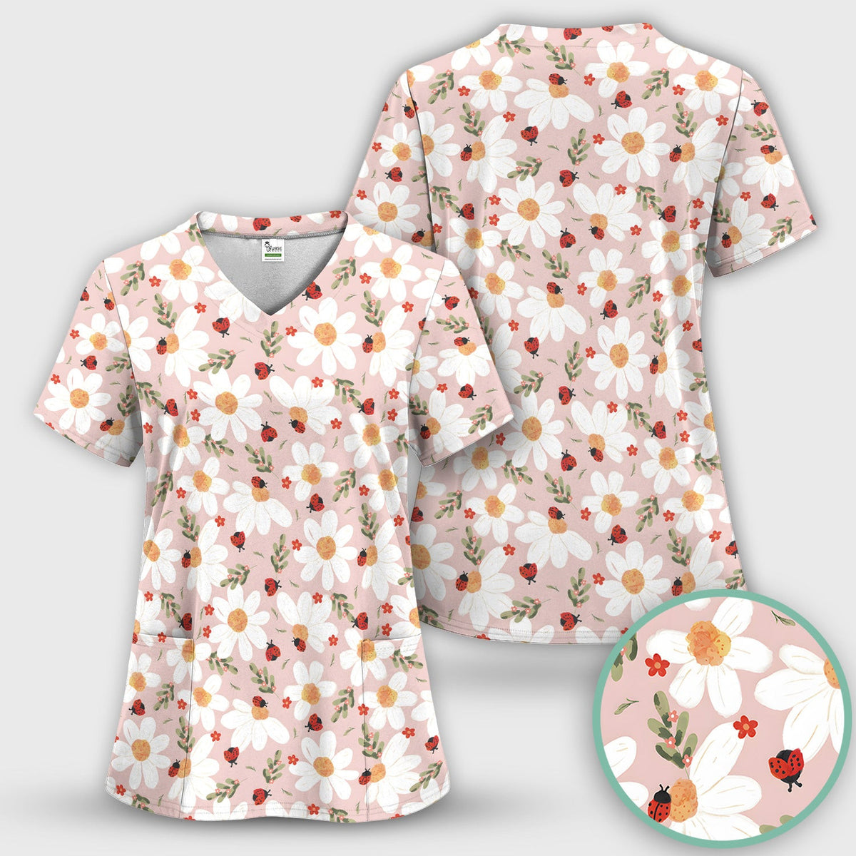 Daisy Ladybug Garden Blossom Pattern Scrub Top, Comfortable Scrubs for Nurses