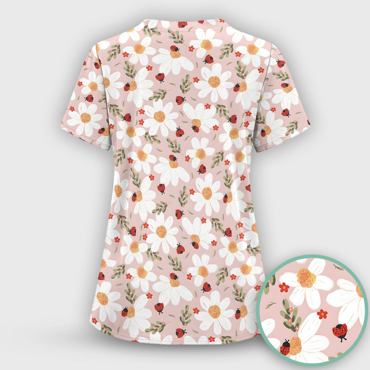 Daisy Ladybug Garden Blossom Pattern Scrub Top, Comfortable Scrubs for Nurses