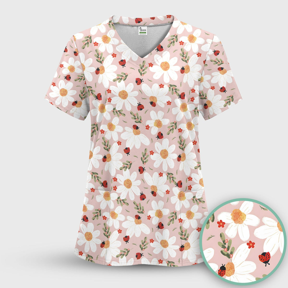 Daisy Ladybug Garden Blossom Pattern Scrub Top, Comfortable Scrubs for Nurses