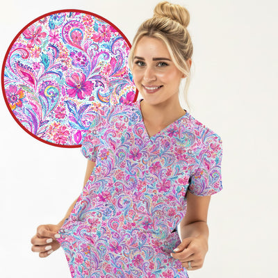 Elegant Pink Paisley Blossom Pattern Scrub Top, Comfortable Scrubs for Nurses