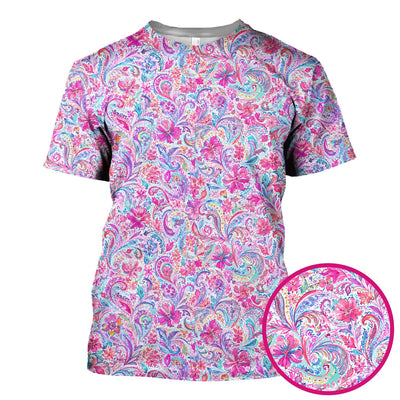 Elegant Pink Paisley Blossom Pattern Scrub Top, Comfortable Scrubs for Nurses