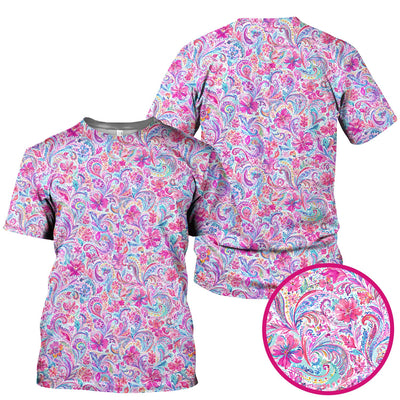 Elegant Pink Paisley Blossom Pattern Scrub Top, Comfortable Scrubs for Nurses