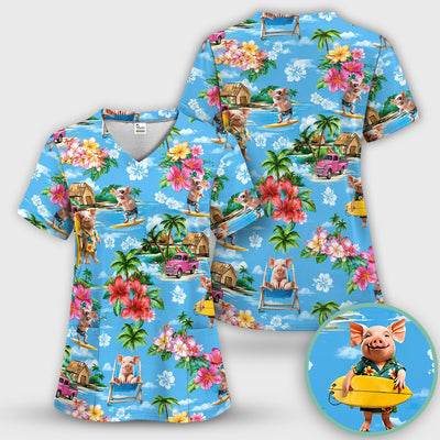 Tropical Surfing Pig Beach Pattern Scrub Top, Comfortable Scrubs for Nurses