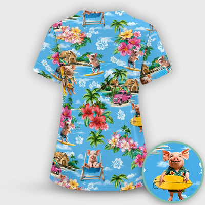 Tropical Surfing Pig Beach Pattern Scrub Top, Comfortable Scrubs for Nurses