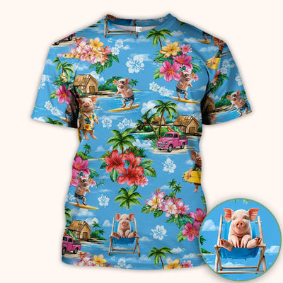Tropical Surfing Pig Beach Pattern Scrub Top, Comfortable Scrubs for Nurses