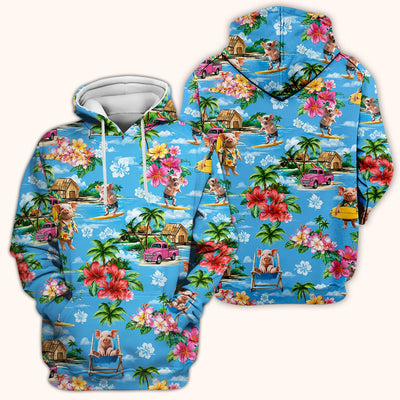 Tropical Surfing Pig Beach Pattern Scrub Top, Comfortable Scrubs for Nurses