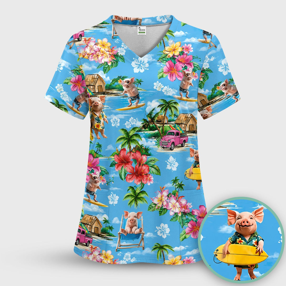 Tropical Surfing Pig Beach Pattern Scrub Top, Comfortable Scrubs for Nurses