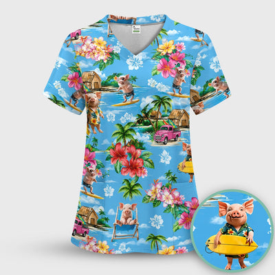Tropical Surfing Pig Beach Pattern Scrub Top, Comfortable Scrubs for Nurses