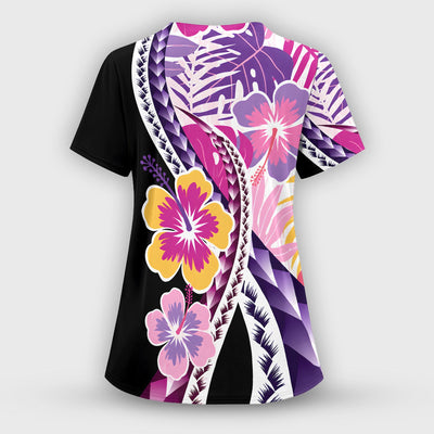 Nurse Tropical Hibiscus Leaf Pattern Scrub Top, Comfortable Scrubs for Nurses