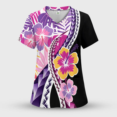 Nurse Tropical Hibiscus Leaf Pattern Scrub Top, Comfortable Scrubs for Nurses
