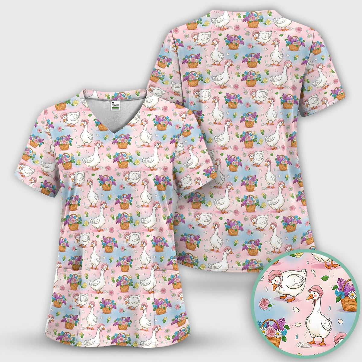 Cute Spring Goose Flower Basket Pattern Scrub Top, Comfortable Scrubs for Nurses