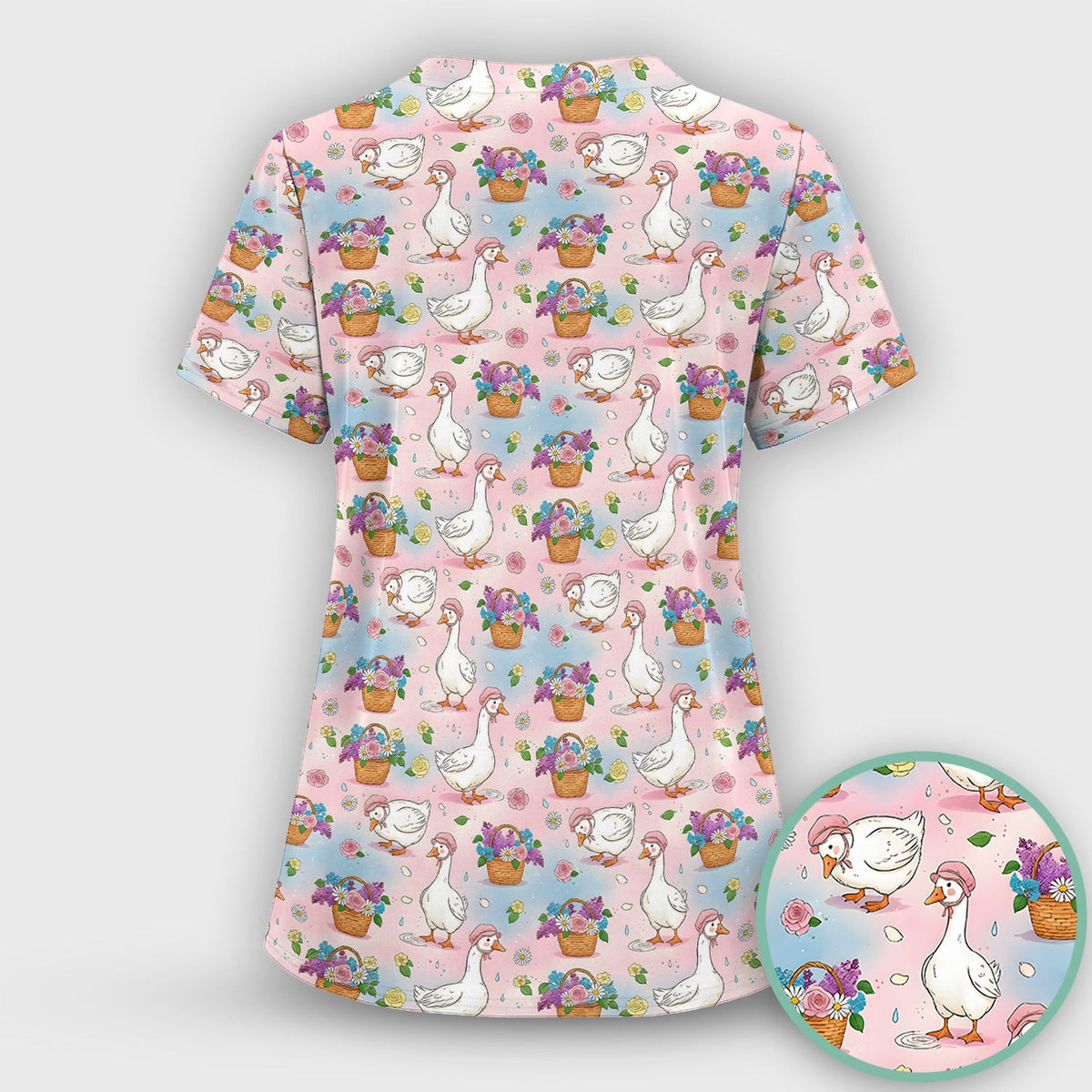 Cute Spring Goose Flower Basket Pattern Scrub Top, Comfortable Scrubs for Nurses