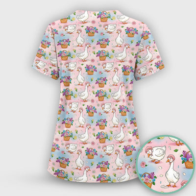 Cute Spring Goose Flower Basket Pattern Scrub Top, Comfortable Scrubs for Nurses