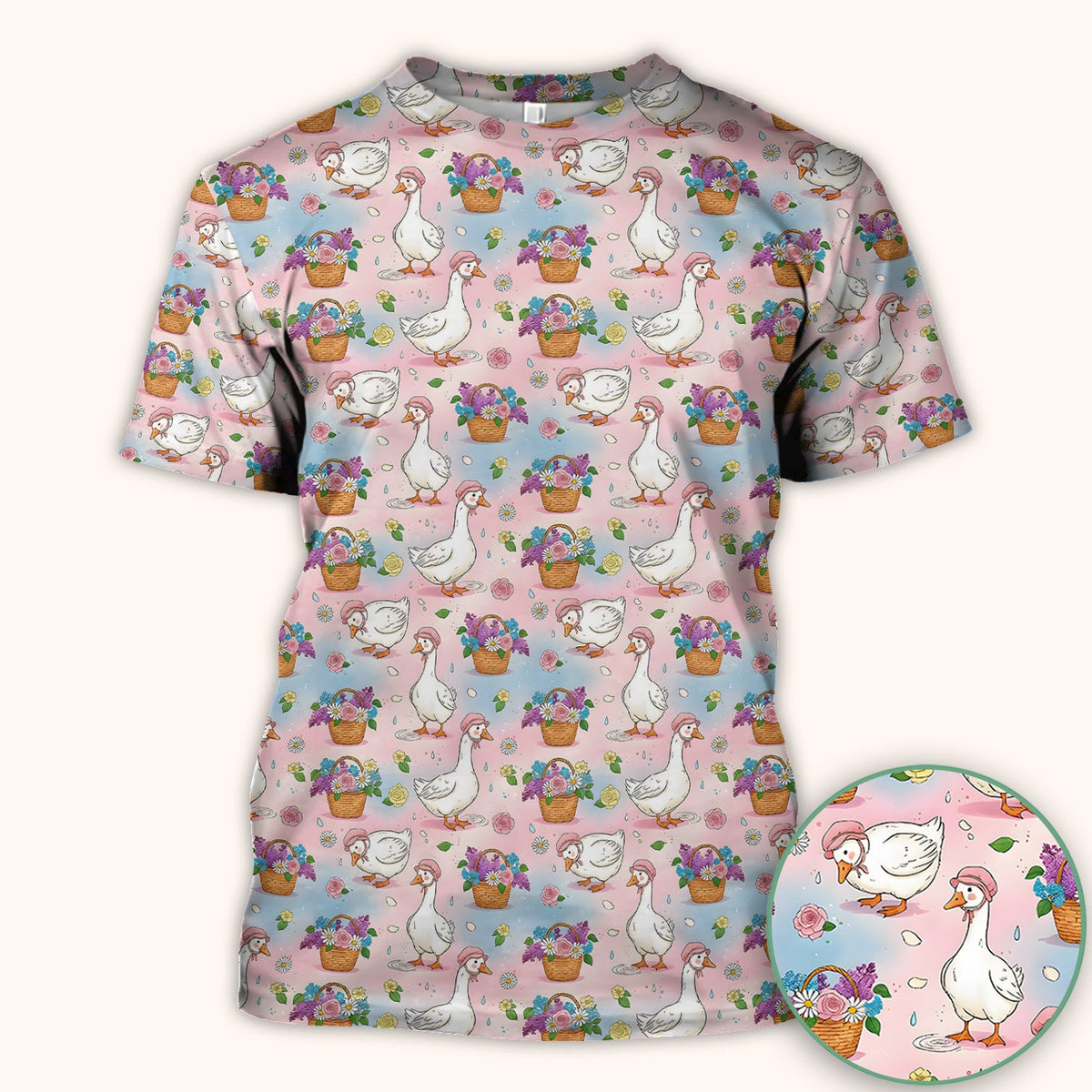 Cute Spring Goose Flower Basket Pattern Scrub Top, Comfortable Scrubs for Nurses