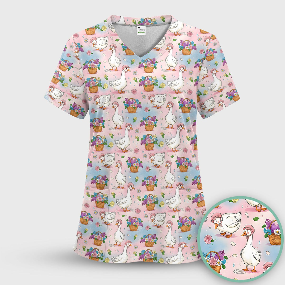 Cute Spring Goose Flower Basket Pattern Scrub Top, Comfortable Scrubs for Nurses
