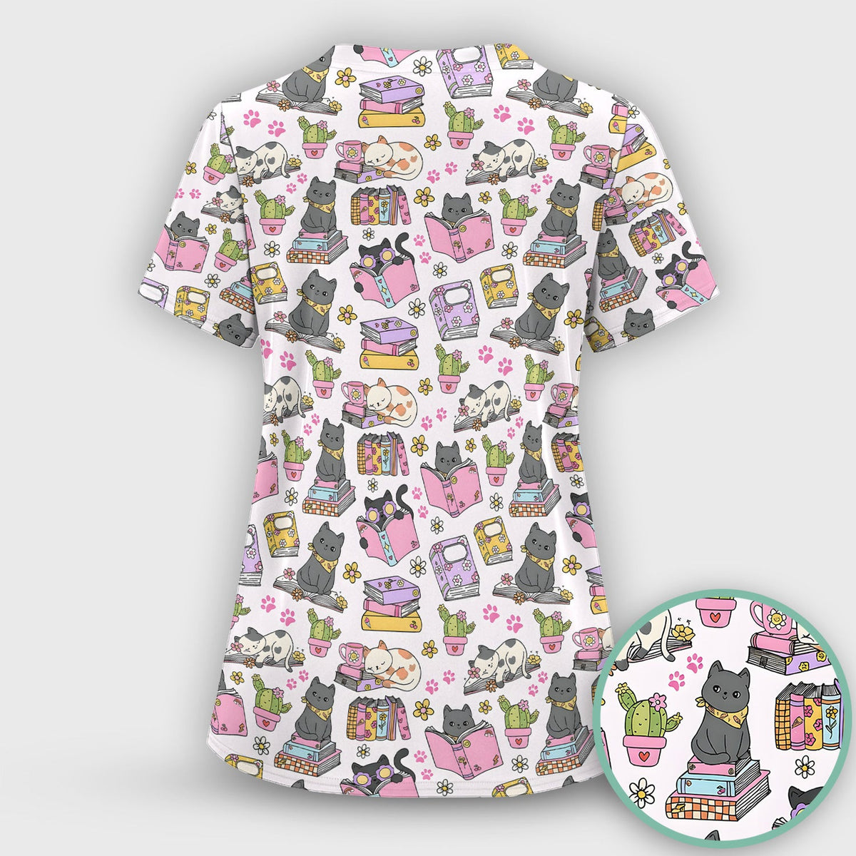 Cute Cat Book Cactus Seamless Pattern Scrub Top, Comfortable Scrubs for Nurses
