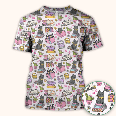 Cute Cat Book Cactus Seamless Pattern Scrub Top, Comfortable Scrubs for Nurses