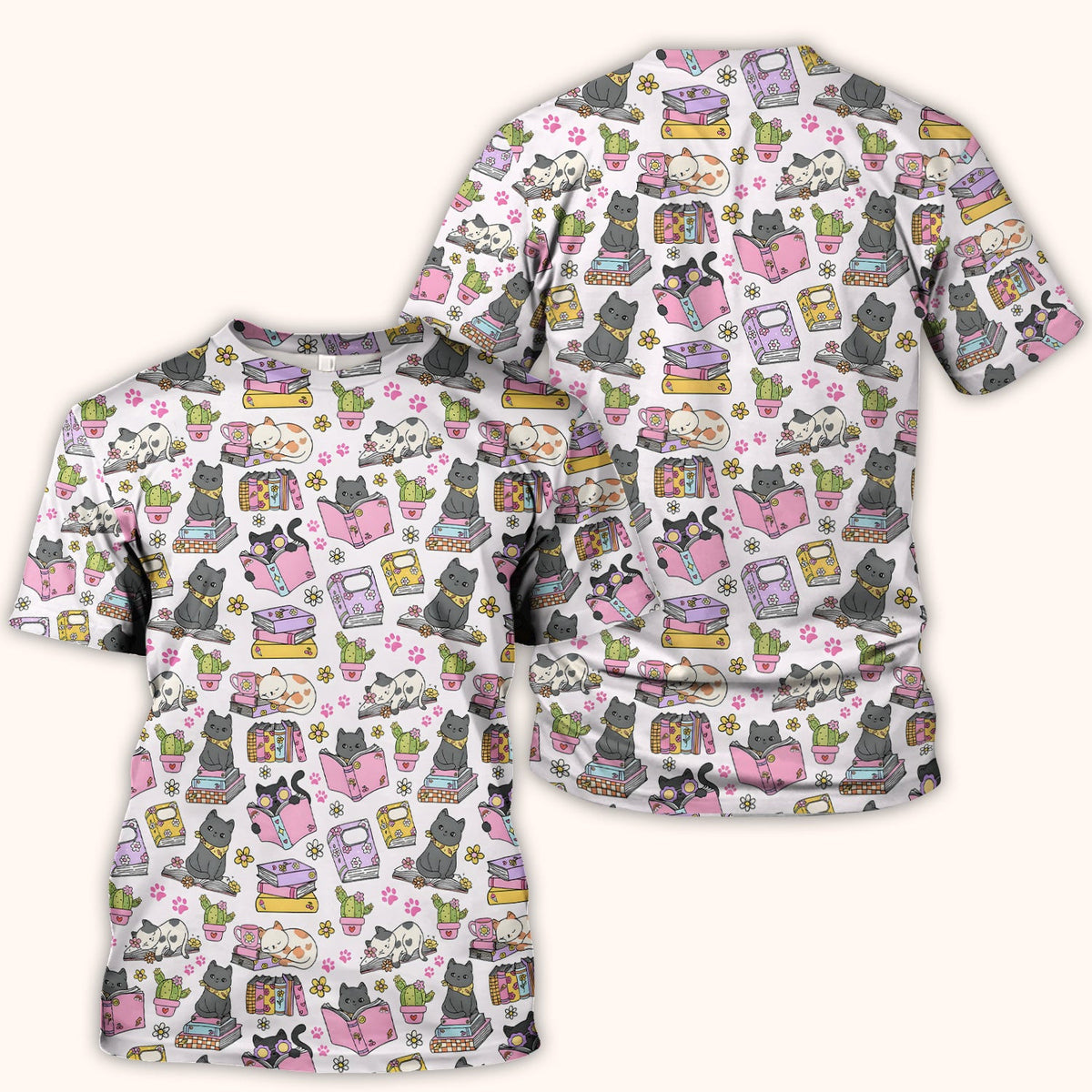 Cute Cat Book Cactus Seamless Pattern Scrub Top, Comfortable Scrubs for Nurses