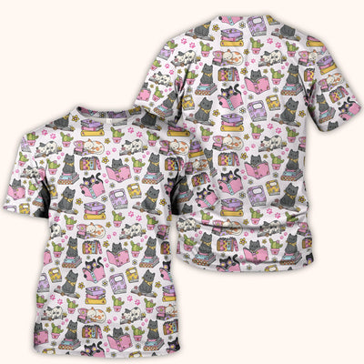 Cute Cat Book Cactus Seamless Pattern Scrub Top, Comfortable Scrubs for Nurses