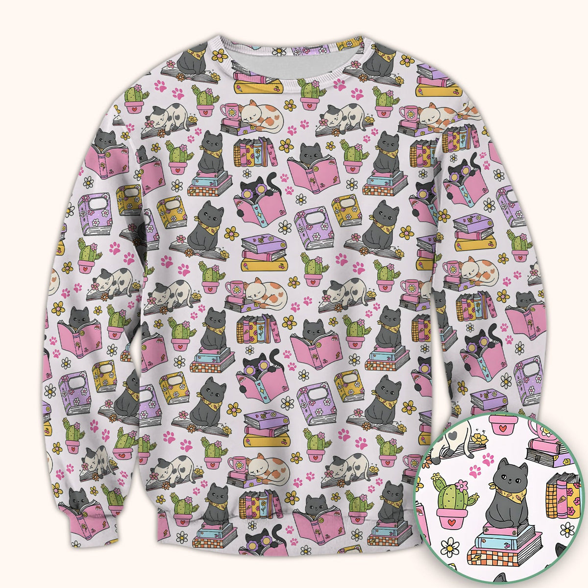 Cute Cat Book Cactus Seamless Pattern Scrub Top, Comfortable Scrubs for Nurses
