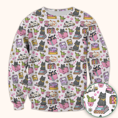 Cute Cat Book Cactus Seamless Pattern Scrub Top, Comfortable Scrubs for Nurses