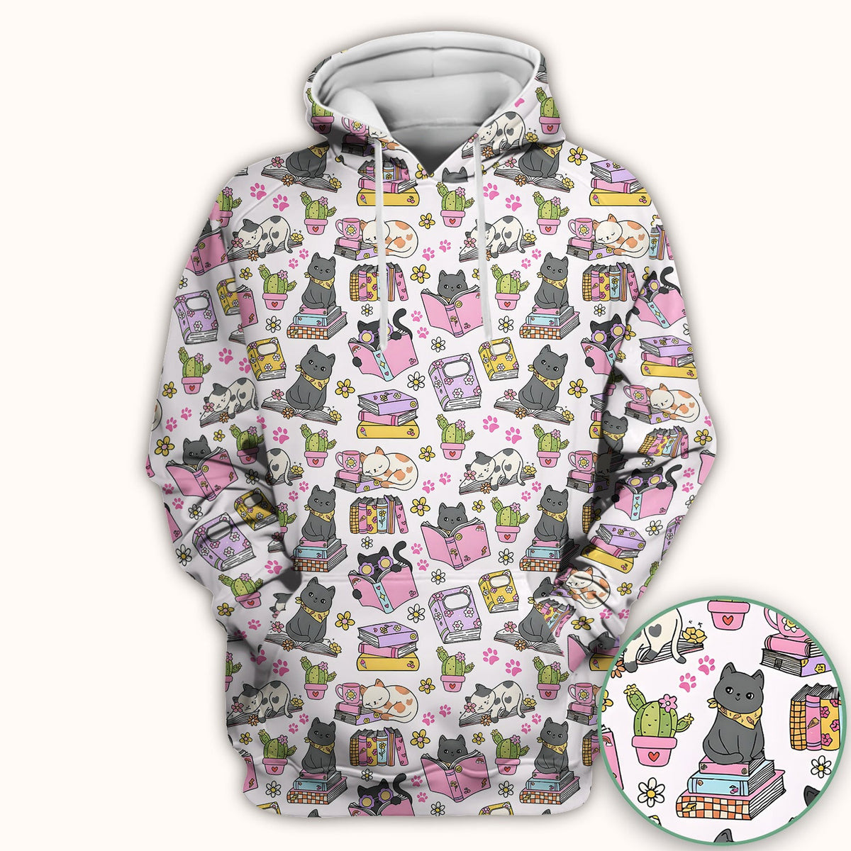 Cute Cat Book Cactus Seamless Pattern Scrub Top, Comfortable Scrubs for Nurses