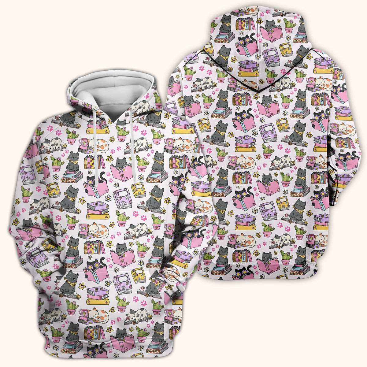 Cute Cat Book Cactus Seamless Pattern Scrub Top, Comfortable Scrubs for Nurses