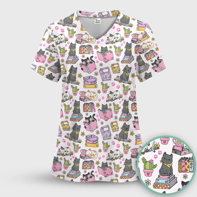 Cute Cat Book Cactus Seamless Pattern Scrub Top, Comfortable Scrubs for Nurses