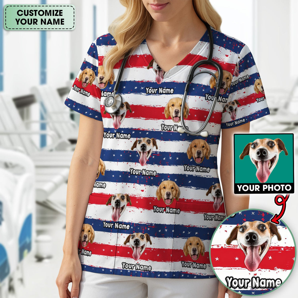 Personalized Dog Flag Stripe Pattern Scrub Top, Comfortable Scrubs for Nurses