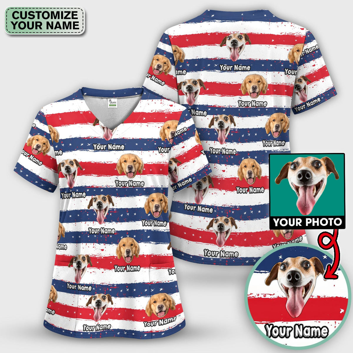 Personalized Dog Flag Stripe Pattern Scrub Top, Comfortable Scrubs for Nurses