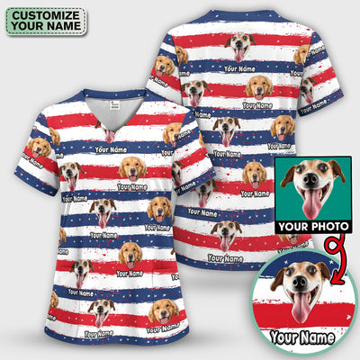 Personalized Dog Flag Stripe Pattern Scrub Top, Comfortable Scrubs for Nurses