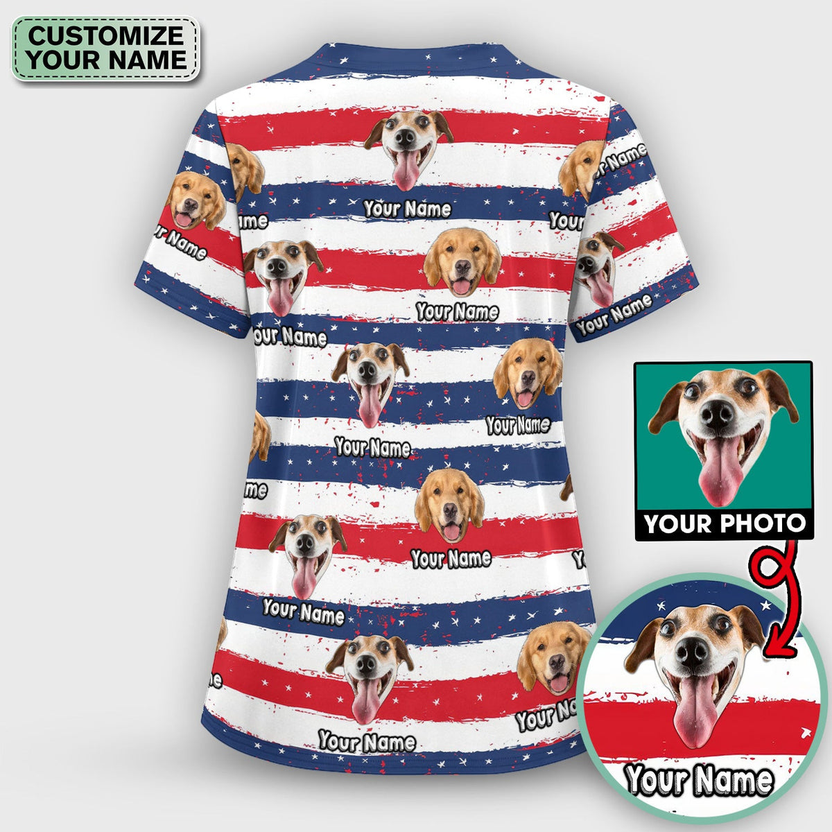 Personalized Dog Flag Stripe Pattern Scrub Top, Comfortable Scrubs for Nurses