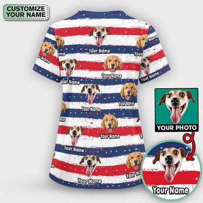 Personalized Dog Flag Stripe Pattern Scrub Top, Comfortable Scrubs for Nurses