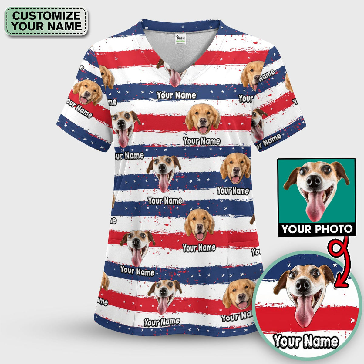 Personalized Dog Flag Stripe Pattern Scrub Top, Comfortable Scrubs for Nurses