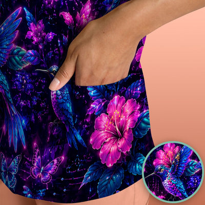 Neon Hummingbird Butterfly Bloom Pattern Scrub Top, Comfortable Scrubs for Nurses