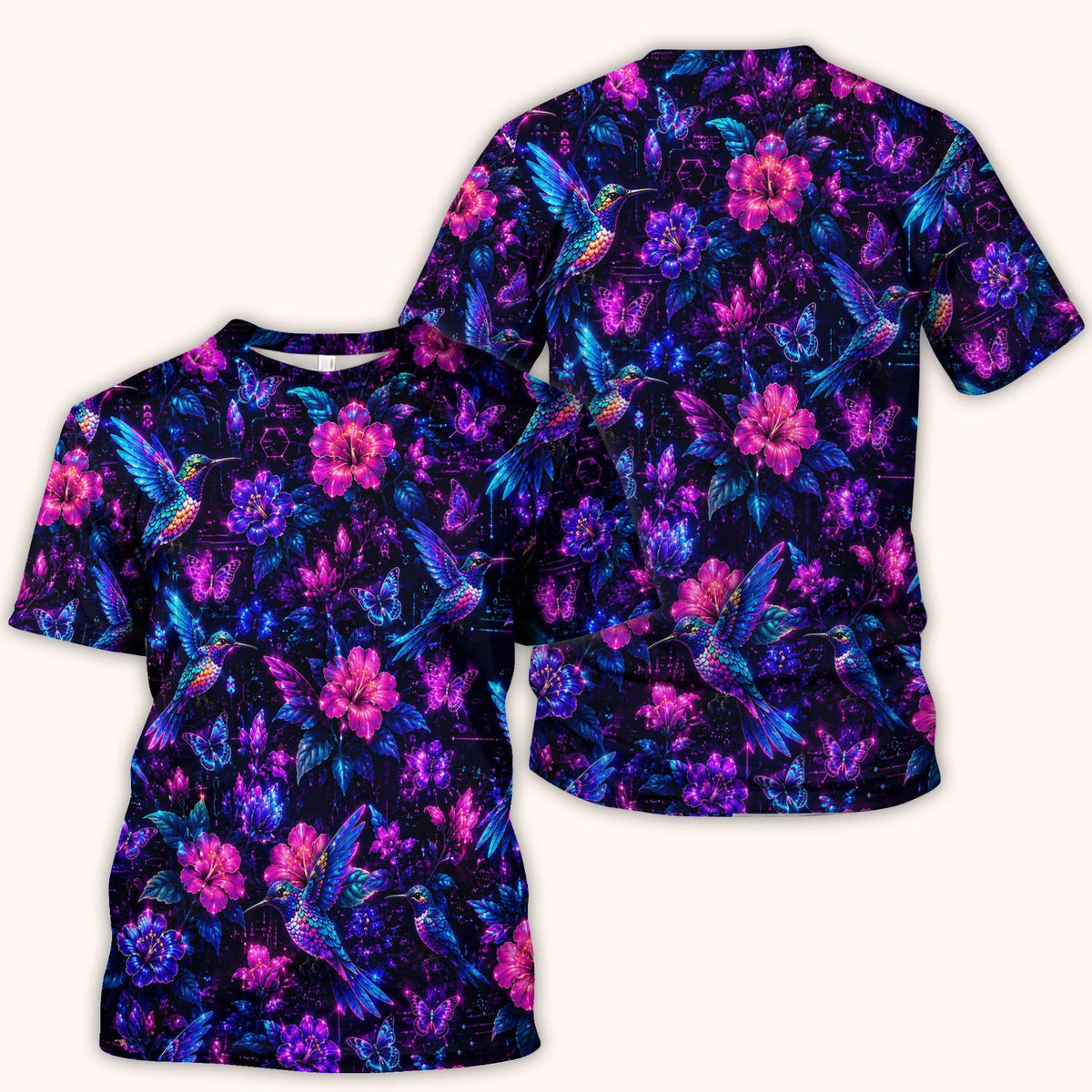 Neon Hummingbird Butterfly Bloom Pattern Scrub Top, Comfortable Scrubs for Nurses
