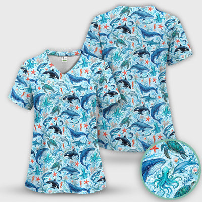 Watercolor Ocean Wildlife Scene Pattern Scrub Top, Comfortable Scrubs for Nurses