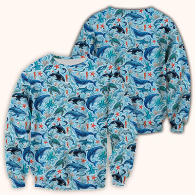 Watercolor Ocean Wildlife Scene Pattern Scrub Top, Comfortable Scrubs for Nurses